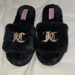 Juicy Couture Black Fuzzy Slippers with Rhinestone Logo Size M (7/8)